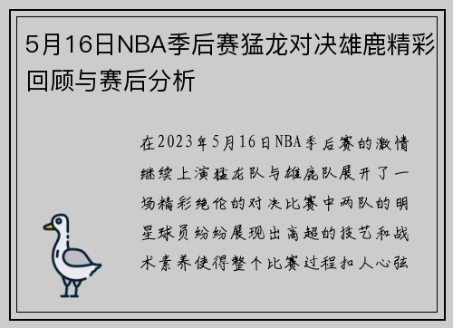 5月16日NBA季后赛猛龙对决雄鹿精彩回顾与赛后分析